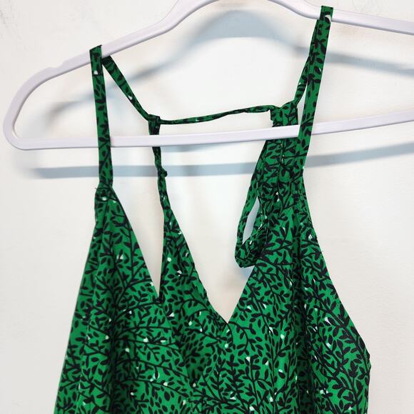 Bombchel V-Neck Asymmetric Hem Halter Dress Green Floral 100% Cotton OS M/L - Picture 10 of 15